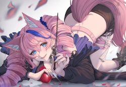 1girl animal_ears back black_shirt black_shoes black_shorts blue_eyes blue_scrunchie blush breasts dimples_of_venus drill_hair earrings extra_ears fangs fingernails food fox_ears fox_girl fox_tail fruit hair_ornament hair_scrunchie holding holding_food holding_fruit jewelry key_earrings large_breasts long_hair long_sleeves looking_at_viewer makira_(resonance_solstice) median_furrow multicolored_hair nail_polish nompang pink_hair pink_nails purple_hair resonance_solstice scrunchie shirt shoes shorts smile solo streaked_hair tail teeth thighs top-down_bottom-up twin_drills twintails
