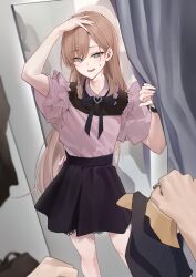 2boys absurdres black_skirt blonde_hair bow bowtie clothes_hanger commentary cowboy_shot crossdressing curtains dress fitting_room frilled_dress frills green_eyes hand_on_own_head highres holding holding_clothes_hanger jirai_kei long_hair multiple_boys original pov skirt solo_focus standing sweat trap very_long_hair zurui_ninjin