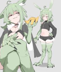 1girl absurdres ahoge animal_ear_fluff animal_ears animal_legs black_bra black_choker bra cape choker claws cropped_jacket crossed_legs cutoffs facial_mark flat_chest full_body green_fur green_hair grey_background grin hand_on_own_hip highres holding_paper_boat looking_to_the_side low_twintails monster_girl open_mouth original paper_boat projected_inset rabbit_ears rabbit_girl red_eyes short_eyebrows short_hair short_shorts shorts simple_background smile thus0thus twintails underwear