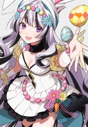 1girl animal_ears black_hair breasts cleavage dress egg feather_hair_ornament feathers fire_emblem fire_emblem_engage fire_emblem_heroes grey_hair hair_ornament highres long_hair looking_at_viewer medium_breasts multicolored_hair nintendo official_alternate_costume purple_eyes rabbit_ears shamu_(peach11_01) smile streaked_hair two-tone_hair very_long_hair veyle_(fire_emblem) veyle_(spring)_(fire_emblem) wavy_hair white_dress