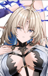 1girl arm_up black_collar blonde_hair blue_eyes blue_hair breasts collar commentary crown_of_thorns fleurdelys_(wuthering_waves) hand_on_own_chest highres hiroki_(hirokiart) horns large_breasts looking_at_viewer parted_lips pointy_ears simple_background single_horn solo tacet_mark_(wuthering_waves) unfinished upper_body white_background wuthering_waves yellow_horns