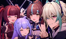 1boy 3girls :d absurdres ahoge animal_ear_hairband animal_ears aza_(virtuareal) azusa_(vtuber) azusa_official black_hoodie blonde_hair blue_hair blue_ribbon brown_hair cat_ear_hairband cat_ears chuansongdai fake_animal_ears grin hair_ornament hair_ribbon hairband headphones heterochromia highres hood hoodie kero_(vtuber) kero_official multicolored_hair multiple_girls nanami_(virtuareal) nijisanji open_mouth red_hair ribbon selfie smile stage streaked_hair teardrop_facial_mark v virtual_youtuber virtuareal x_hair_ornament yellow_eyes