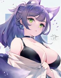 1girl absurdres andychen animal_ear_fluff animal_ears bare_shoulders black_bra black_choker bra breasts choker cleavage earrings extra_ears green_eyes highres jewelry large_breasts long_hair long_sleeves meridian_project mole mole_on_breast off_shoulder open_clothes open_shirt parted_lips purple_hair resolution_mismatch seki_(vtuber) shirt solo source_smaller tail underwear upper_body virtual_youtuber white_shirt