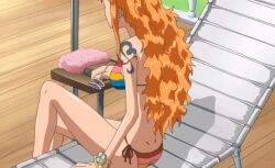 10s 1girl 2012 animated animated_gif arm_tattoo breasts brown_eyes female_focus large_breasts long_hair nami_(one_piece) one_piece one_piece_special:_glorious_island open_mouth orange_hair solo sunbathing sunglasses sunglasses_on_head sunlounger tagme tattoo wet wet_hair
