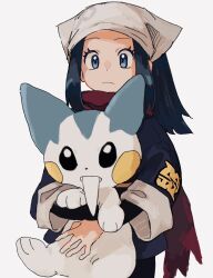 1girl 2enn3n akari_(pokemon) blue_eyes blue_hair buck_teeth closed_mouth galaxy_expedition_team_survey_corps_uniform gen_4_pokemon grey_background headscarf highres holding long_hair long_sleeves nintendo pachirisu pokemon pokemon_(creature) pokemon_legends:_arceus red_scarf scarf sidelocks simple_background teeth