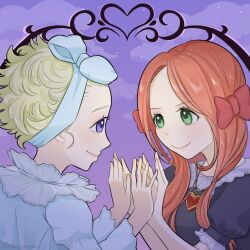 2girls aitenteemaru black_pajamas blonde_hair blue_pajamas chocolat_meilleure commentary_request eyelashes green_eyes hair_ribbon lone_nape_hair multiple_girls orange_hair pajamas puffy_short_sleeves puffy_sleeves purple_eyes purple_sky red_ribbon ribbon short_sleeves sky smile star_(sky) sugar_sugar_rune upper_body vanilla_mieux