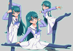 ballet blue_eyes blue_hair braid feet flexible go!_princess_precure kaidou_minami long_hair no_shoes pantyhose precure ribbon school_uniform simple_background skirt split spread_legs standing standing_on_one_leg standing_split stretching tiler_(tiler00) white_skirt