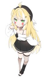:3 absurdres beret bird black_nails black_skirt blonde_hair choker eyelashes feather_hair fishnet_thighhighs fishnets goth_fashion green_eyes hair_ornament hat highres indie_virtual_youtuber inis_(vtuber) nekoromancer o-ring o-ring_choker off_shoulder open-toe_shoes petite pointing pointing_at_self pom_pom_(clothes) pom_pom_hair_ornament red_facepaint sharp_toenails shirt skirt smirk thighhighs toenails white_shirt white_streaks x_hair_ornament