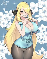 1girl alternate_breast_size blonde_hair breasts cowboy_shot cynthia_(pokemon) grey_eyes hair_over_one_eye happy heart heart_hands highres jarckius large_breasts long_hair looking_at_viewer nintendo pokemon pokemon_(anime) pokemon_bw_(anime) smile solo very_long_hair