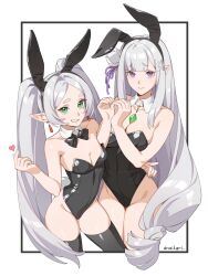 2girls animal_ear_hairband animal_ears black_leotard black_thighhighs breasts detached_collar dnaitari elf emilia_(re:zero) fake_animal_ears fake_tail frieren green_eyes grey_hair hairband highleg highleg_leotard highres leotard long_hair looking_at_viewer medium_breasts multiple_girls playboy_bunny pointy_ears purple_eyes rabbit_ears rabbit_tail re:zero_kara_hajimeru_isekai_seikatsu small_breasts sousou_no_frieren strapless strapless_leotard tail thighhighs twintails