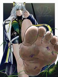 1girl 2025 4boys adjusting_hair animal_ear_fluff animal_ears annoyed aotakana arknights bare_legs barefoot black_coat black_shorts border cat_ears coat commentary dirty dirty_feet english_commentary foot_focus foreshortening giant giantess grass green_eyes green_shirt highres kal&#039;tsit_(arknights) lapels long_coat long_hair multiple_boys notched_lapels outside_border perspective shirt short_shorts shorts size_difference sleveless_shirt soles trample