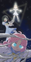 Rule 34 | 3girls, ahoge, anyoji hime, black hair, blue dress, blue eyes, blunt bangs, blunt ends, bob cut, braid, brown hair, center-flap bangs, closed eyes, commentary request, constellation, dress, green eyes, hasu no sora school uniform, highres, kachimachi kosuzu, link! like! love live!, long hair, love live!, medium dress, meidosan, momose ginko, multi-tied hair, multiple girls, neckerchief, open hand, open hands, open mouth, outstretched arms, parody, parody request, pink hair, pleated dress, ponytail, puffy short sleeves, puffy sleeves, raised inner eyebrows, reaching, reaching towards another, sailor collar, sailor dress, school uniform, short hair, short sleeves, side ahoge, side braids, sidelocks, space, spread arms, summer uniform, triangle, u u, v-shaped eyebrows, virtual youtuber, white sailor collar, yellow neckerchief