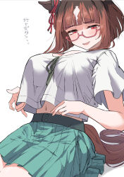Rule 34 | 1girl, animal ears, bow, breasts, cleavage, commentary request, crop top, crop top overhang, ear ribbon, glasses, green skirt, highres, horse ears, horse girl, horse tail, itosu200, large breasts, looking at viewer, midriff, navel, open mouth, pleated skirt, red-framed eyewear, red ribbon, ribbon, semi-rimless eyewear, shirt, shirt overhang, short hair, short sleeves, skirt, smile, solo, tail, transcend (umamusume), umamusume, under-rim eyewear, white shirt