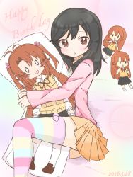 0_0 1girl :d antenna_hair beige_skirt black_hair black_skirt blush blush_stickers brown_eyes brown_hair brown_shoes character_doll collared_shirt commentary_request dakimakura_(object) doll female_focus hair_ribbon happy_birthday hugging_object ichijou_hotaru kneehighs koshigaya_komari long_hair long_sleeves looking_at_viewer neck_ribbon non_non_biyori open_mouth parted_lips pillow pillow_hug pink_ribbon pleated_skirt red_ribbon ribbon school_uniform shika_(s1ka) shirt shoes skirt smile socks solid_oval_eyes solo striped_clothes striped_socks striped_thighhighs sweater_vest thighhighs two_side_up very_long_hair white_shirt white_socks