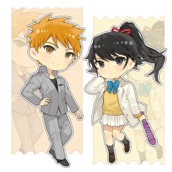 Rule 34 | 1boy, 1girl, alternate costume, bambietta basterbine, baseball bat, black eyes, black hair, black shirt, black shoes, black socks, bleach, bleach: sennen kessen-hen, blue bow, blue bowtie, blush, bow, bowtie, brown eyes, brown shoes, chibi, chibi only, closed mouth, collared shirt, commentary, deadman70232800, eyebrows hidden by hair, floating hair, frown, full body, grey jacket, grey pants, hair ribbon, hand on own hip, hand up, highres, holding, holding baseball bat, jacket, karakura high school uniform, kneehighs, kurosaki ichigo, loafers, long hair, long sleeves, looking at viewer, miniskirt, open clothes, open jacket, orange background, orange hair, outline, pants, pleated skirt, polka dot, polka dot background, ponytail, red ribbon, ribbon, school uniform, shirt, shoes, short hair, simple background, skirt, smile, socks, spiked hair, split mouth, standing, standing on one leg, sweater vest, two-tone background, v-shaped eyebrows, white background, white jacket, white outline, white shirt, white skirt, yellow background, yellow sweater vest, zoom layer