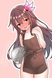1girl absurdres apron arm_up ascot blush brown_ascot brown_eyes brown_hair commentary_request cowboy_shot full-face_blush furaggu_(frag_0416) hair_ornament highres kantai_collection kisaragi_(kancolle) long_hair looking_at_viewer naked_apron open_mouth smile solo watermark