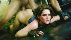 1boy 1girl ass blue_eyes blue_tube_top boots bottomless brown_hair clothed_female_nude_male dark-skinned_male dark_skin fingerless_gloves forehead gloves head_out_of_frame hetero implied_rape jill_valentine lips looking_afar lying male_pubic_hair nude on_stomach paid_reward_available penis prone_bone pubic_hair pushing_down redesign resident_evil resident_evil_3:_nemesis resident_evil_3_(remake) sex sex_from_behind short_hair solo_focus strapless stray_(artist) tube_top uncensored vaginal