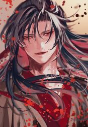 Rule 34 | 1boy, bishounen, black hair, blood, blood splatter, brown background, chinese clothes, coat, english text, eyelashes, floating hair, grey coat, hair down, hair ribbon, half updo, hanfu, highres, long hair, looking at viewer, male focus, mg ms dayo, modao zushi, official alternate hairstyle, parted bangs, parted lips, portrait, red eyes, red ribbon, ribbon, smile, solo, twitter username, upper body, watermark, wei wuxian, wei wuxian (yiling laozu)