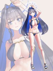 1girl :d absurdres alternate_costume alternate_hairstyle arm_up armpits bikini bilingual_commentary blue_bikini blue_eyes blue_hair blue_nails breasts cleavage closed_mouth colored_inner_hair commentary earrings english_commentary fanged_bangs fueppu full_body grin hair_intakes halo highres hololive hololive_english jewelry large_breasts long_hair looking_at_viewer mixed-language_commentary multicolored_hair nail_polish navel open_mouth ouro_kronii sandals sidelocks smile stomach string_bikini swimsuit toenail_polish toenails very_long_hair virtual_youtuber zoom_layer
