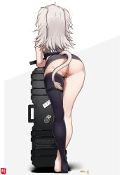 1girl absurdres animal_ears ass bandaid bandaid_on_pussy black_thighhighs bullet from_behind grey_background grey_hair gun handgun highres holding holding_gun holding_weapon hololive johnny_(braun-kan_cafe) lion_ears lion_girl lion_tail long_hair shishiro_botan single_thighhigh solo standing tail thighhighs two-tone_background virtual_youtuber weapon white_background
