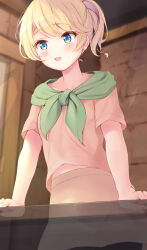 1girl :o blonde_hair blue_eyes blurry blurry_background blush breasts brick_wall capelet collarbone commentary_request covered_groin cowboy_shot esia_mariveninne_(komone_ushio) fang green_capelet hands_on_table highres indoors komone_ushio midriff_peek open_mouth original paid_reward_available pantyhose pink_shirt pink_skirt ponytail shirt short_hair short_sleeves skirt skirt_set small_breasts solo standing translucent