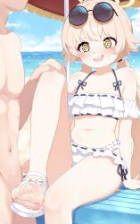 1boy 1girl @_@ barefoot beach bikini blonde_hair blue_archive blush cloud cloudy_sky didac_fantasy eyewear_on_head feet footjob frilled_bikini frills hifumi_(blue_archive) highres loli long_hair low_twintails navel nude ocean open_mouth penis sandals sitting sky small_penis smile soles solo_focus sunglasses sweat swimsuit toes twintails white_sandals yellow_eyes