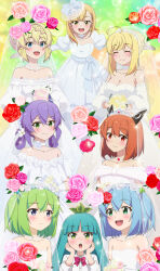 6+girls absurdres ahoge aizawa_azusa blonde_hair blue_eyes blue_hair blush bow bowtie breasts bridal_gauntlets choker cleavage closed_eyes closed_mouth dragon_girl dragon_horns dress eyebrows_hidden_by_hair eyecatch falfa_(slime_taoshite_300_nen) flatorte_(slime_taoshite_300_nen) flower green_eyes green_hair hair_between_eyes hair_bun halkara_(slime_taoshite_300_nen) hands_on_own_cheeks hands_on_own_face head_wreath highres horns jewelry laika_(slime_taoshite_300_nen) large_breasts long_hair looking_at_viewer medium_breasts multiple_girls necklace off-shoulder_dress off_shoulder official_art open_mouth orange_hair outstretched_arms pearl_necklace pink_flower pink_rose purple_hair red_bow red_bowtie red_eyes red_flower red_rose rosalie_(slime_taoshite_300_nen) rose sandra_(slime_taoshite_300_nen) second-party_source shalsha_(slime_taoshite_300_nen) shirt short_hair slime_taoshite_300_nen_shiranai_uchi_ni_level_max_ni_nattemashita small_breasts smile sparkle spread_arms upper_body wedding_dress white_choker white_shirt