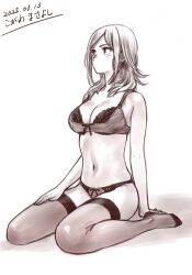 Rule 34 | 1girl, arm support, bow, bow bra, bow panties, bra, breasts, cleavage, commentary, dated, eas (fresh precure!), fresh precure!, full body, greyscale, hand on own thigh, higashi setsuna, highres, kogawa masayoshi, lace, lace-trimmed bra, lace trim, lingerie, looking to the side, monochrome, navel, panties, precure, signature, sitting, solo, thighhighs, underwear, wariza