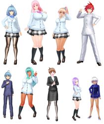 3d 6+girls breasts brown_hair cardigan dark-skinned_female dark_skin formal_clothes hair_over_one_eye kneehighs large_breasts long_hair miniskirt multiple_girls open_mouth pantyhose pencil_skirt pink_hair ponytail purple_eyes purple_hair red_eyes red_hair school_uniform short_hair skirt skirt_suit smile socks suit teacher teacher_and_student