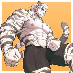 1boy abs absurdres animal_ears arknights bara biceps black_fur blue_eyes boxers bulge clenched_hands colored_skin commentary cowboy_shot dutch_angle facial_scar from_side furry furry_male highres knee_up male_focus male_underwear mountain_(arknights) muscular muscular_male nail_polish navel nipples obliques orange_background pectorals scar scar_on_arm scar_on_cheek scar_on_face scar_on_hand scar_on_leg scar_on_stomach scar_on_tail serious short_hair solo standing standing_on_one_leg striped_fur tail tail_raised thighs tiger_boy tiger_ears tiger_stripes tiger_tail tight_clothes topless_male uiokv underwear white_fur white_nails white_skin