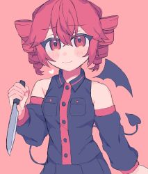 1girl black_shirt black_skirt black_tail blush closed_mouth commentary demon_tail detached_sleeves drill_hair hair_between_eyes heart highres holding holding_knife holding_weapon kasane_teto kasane_teto_(utau) knife looking_at_viewer pink_background red_eyes red_hair rtm1016 shirt simple_background single_wing skirt smile solo tail twin_drills utau weapon wings