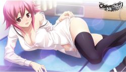 10s 1girl ;d black_thighhighs bow bra breasts chaos;child chaos;child_love_chu_chu!! cleavage collarbone copyright_name female_focus game_cg hair_bow indoors large_breasts lens_flare looking_at_viewer lying off_shoulder official_art on_side one_eye_closed onoe_serika open_clothes open_mouth open_shirt panties pink_hair red_eyes sasaki_mutsumi shirt short_hair_with_long_locks sidelocks smile solo thighhighs underwear white_bra white_panties white_shirt