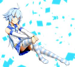 1girl ahoge bare_shoulders blue_bow blue_bowtie blue_eyes blue_hair blue_skirt blush bow bowtie choker detached_sleeves female_focus full_body hairband long_hair long_sleeves looking_at_viewer low_ponytail matching_hair/eyes ninnzinn original pleated_skirt ponytail skirt smile solo striped_clothes striped_thighhighs thighhighs