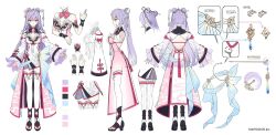 1girl ahoge black_boots blush boots breasts china_dress chinese_clothes closed_mouth clothing_cutout color_guide colored_bangs commentary_request company_name copyright_notice crossed_bangs detached_collar double_bun dress earrings english_text facing_away floral_print flower frilled_sleeves frills hair_between_eyes hair_bun hair_ornament hair_stick high_heel_boots high_heels jewelry kanzashi kozue_mone large_breasts long_hair long_sleeves looking_at_viewer mandarin_collar multicolored_dress multiple_views nardack nijisanji official_art open-toe_boots pink_dress pink_eyes pink_flower pink_hair profile purple_hair reference_sheet second-party_source shoulder_cutout shrug_(clothing) sidelocks simple_background smile strapless strapless_dress tassel thighhighs virtual_youtuber white_background white_dress white_sleeves white_thighhighs wide_sleeves