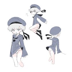 1girl ? bb_15hz black_neckerchief black_shoes black_socks blue_dress blue_eyes blue_sailor_collar blush clothes_writing dress grey_hair hat kantai_collection long_sleeves multiple_views neckerchief open_mouth panties pantyshot sailor_collar sailor_dress sailor_hat shoes short_hair simple_background sketch socks underwear white_background white_panties z1_leberecht_maass_(kancolle)