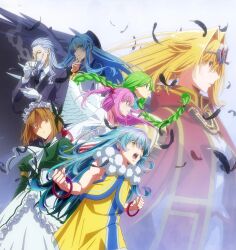 2boys 5girls aigokeros_(yasei_no_last_boss) aqua_hair aries_(yasei_no_last_boss) black_feathers black_hat black_necktie black_suit black_wings blonde_hair blue_eyes breasts brown_hair cape dina_(yasei_no_last_boss) dress feathered_wings feathers formal_clothes fur-trimmed_dress fur_trim green_eyes green_hair hat highres libra_(yasei_no_last_boss) long_hair long_skirt long_sleeves maid_headdress multiple_boys multiple_girls necktie official_art orange_eyes parthenos_(yasei_no_last_boss) pink_eyes pink_hair puffy_long_sleeves puffy_sleeves red_cape red_eyes ruphas_mafahl short_hair skirt sleeveless sleeveless_dress suit tiara trap virgo_(yasei_no_last_boss) white_dress white_wings wings yasei_no_last_boss_ga_arawareta yellow_dress yellow_eyes
