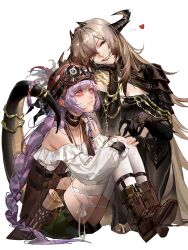 Rule 34 | 2girls, absurdres, bare shoulders, black choker, black headscarf, black shoes, blonde hair, blouse, blush, boots, braid, braided sidelock, breasts, brown shoes, choker, cleavage, closed eyes, commentary, crying, crying with eyes open, feathers, frilled cuffs, full body, goggles, goggles on head, goggles on headwear, green shorts, hair over one eye, hands on own knees, headscarf, heart, hella (path to nowhere), highres, horns, leather, leather boots, long hair, midriff peek, multiple girls, navel, off shoulder, path to nowhere, playing with another&#039;s hair, puffy sleeves, purple eyes, purple hair, sharp teeth, shirt, shoes, shorts, simple background, single shoulder pad, sitting, sleeptight, smile, squatting, streaming tears, symbol-only commentary, synex (path to nowhere), tail, tears, teeth, thighhighs, very long hair, white background, white shirt, white thighhighs