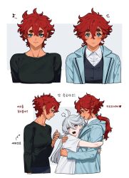 3girls arrow_(symbol) baesong black_shirt blue_eyes blue_jacket blush closed_mouth collared_shirt commentary_request eighth_note ericht_samaya flying_sweatdrops grey_eyes gundam gundam_suisei_no_majo hand_in_another&#039;s_hair heart highres hug jacket korean_commentary korean_text long_hair miorine_rembran multiple_girls musical_note open_mouth puff_of_air red_hair shirt short_hair short_sleeves simple_background smile suletta_mercury thick_eyebrows translation_request white_background white_hair white_shirt yuri