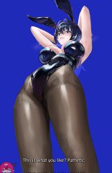 2girls animal_ears arms_up black_hair black_horns black_leotard black_pantyhose blue_background blue_eyes breasts breasts_apart hair_intakes highleg highleg_leotard highres hololive hololive_english horns irys_(hololive) large_breasts leotard long_hair massiveyog multiple_girls ouro_kronii pantyhose pink_hair playboy_bunny rabbit_ears sweat virtual_youtuber