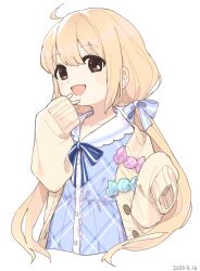 1girl 2020 :d ahoge blonde_hair blue_bow blue_dress blue_ribbon bow brown_eyes cardigan center_frills collared_dress commentary_request dated dress frills futaba_anzu gomi_(kaiwaresan44) hair_bow highres idolmaster idolmaster_cinderella_girls long_hair looking_at_viewer low_twintails neck_ribbon open_cardigan open_clothes open_mouth plaid_clothes plaid_dress ribbon single_sleeve_past_fingers sleeves_past_wrists smile solo twintails white_background yellow_cardigan