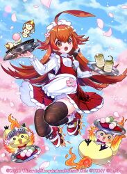 1girl ahoge between_breasts bird blue_sky bow bowtie breasts brown_eyes brown_hair cherry_blossoms copyright_notice cup dango dress duel_masters duel_masters_play&#039;s ekusiun fishnet_pantyhose fishnet_thighhighs fishnets floating flower flute food green_tea hair_flower hair_ornament holding holding_food huge_ahoge instrument jumping kneeling kokko_rupiko long_hair long_sleeves looking_at_viewer maid_headdress mascot medium_breasts name_tag official_art open_mouth pantyhose petals recorder red_bow red_bowtie red_dress red_shoes roller_skates shoes skates sky solo strap_between_breasts tea thighhighs very_long_hair wagashi white_dress yunomi