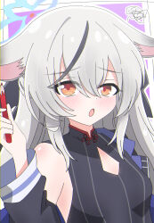 1girl :o animal_ears blue_archive blue_halo breasts china_dress chinese_clothes cleavage_cutout clothing_cutout commentary dress grey_hair halo highres holding holding_pencil kokona_(blue_archive) long_sleeves looking_at_viewer orange_eyes pencil shimotsukiya small_breasts solo turtleneck turtleneck_dress upper_body