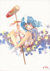 1girl ambiguous_red_liquid animal_ears bloomers blue_dress blue_hair bobby_socks crescent crossed_ankles dress earclip female_focus full_body holding kine long_hair looking_at_viewer mallet misawa_hiroshi no_shoes open_mouth paint_splatter painting_(medium) rabbit_ears red_eyes seiran_(touhou) short_hair sitting socks solo star_(symbol) texture touhou traditional_media underwear watercolor_(medium) white_background white_bloomers white_socks