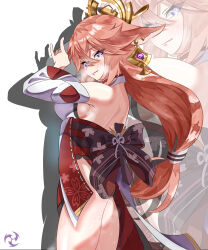 1girl animal_ears armpits back bare_legs bare_shoulders blush breasts breath commentary english_commentary eyelashes fox_ears genshin_impact hair_between_eyes halo highres japanese_clothes jimi_paradise lips long_hair looking_at_viewer looking_back low_ponytail mechanical_halo multiple_views pink_hair ponytail purple_eyes sideboob simple_background steam steaming_body sweat thighs translucent very_long_hair white_background yae_miko