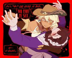 2girls aoyogu argus_(reverse:1999) arm_around_shoulder black_background blonde_hair blush bob_cut border braid brown_hair closed_eyes cowboy_hat dancing detached_sleeves dress english_text grey_eyes hair_over_one_eye hat heart heterochromia holding_hands leaning_back maid multiple_girls purple_dress red_border reverse:1999 scar scar_on_face signature speech_bubble tan tank_top tuesday_(reverse:1999) upper_body white_tank_top yellow_eyes yuri