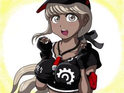 1girl border breasts brown_eyes dark-skinned_female dark_skin female_focus fingerless_gloves gloves hands_up highres kawana_tsubasa large_breasts looking_at_viewer mole mole_under_mouth simple_background solo solo_focus teeth the_hundred_line_-last_defense_academy- tongue upper_teeth_only white_background yellow_border yellow_eyes