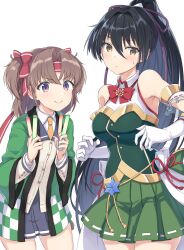 2girls armpits asahina_hokuto bare_shoulders between_fingers black_hair blush breasts brown_hair closed_mouth collared_shirt commentary_request cowboy_shot dress dual_wielding elbow_gloves frown gloves glowstick green_dress grey_jacket hair_between_eyes happi headband highres holding holding_glowstick idol_clothes inami_suu jacket japanese_clothes large_breasts long_hair long_sleeves looking_at_another looking_at_viewer multiple_girls necktie official_alternate_costume open_happi orange_eyes orange_necktie parted_bangs penlight_(glowstick) pera pleated_skirt ponytail purple_eyes purple_skirt red_headband renpu_girls_school_uniform ribbon school_uniform shirt simple_background skirt sleeveless sleeveless_dress smile standing sweatdrop thighs toji_no_miko two_side_up very_long_hair white_background white_gloves white_shirt