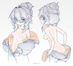1girl areola_slip artist_name ass bandaid bandaids_on_nipples blue_eyes blue_nails butt_crack chinese_commentary collarbone colored_eyelashes commentary_request deux_murasame dimples_of_venus freckles grey_hair gundam gundam_gquuuuuux highres long_hair mecha_pilot_suit multiple_views nail_polish navel pasties shoulder_blush star_(symbol) stomach topless_female twitter_username updo white_background white_eyelashes xiangxiangbushixiang_12138