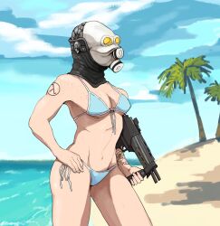 1girl absurdres arm_tattoo beach bikini blue_bikini breasts cleavage commentary cowboy_shot english_commentary flower_tattoo freckles gas_mask gun half-life half-life_(series) half-life_2 hand_on_own_hip highres holding holding_gun holding_weapon lambda_symbol mask metrocop navel palm_tree side-tie_bikini_bottom solo submachine_gun swimsuit tattoo tree vince_(78918869) weapon
