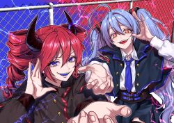2girls :d alternate_costume arm_up belt black_horns black_jacket black_skirt blue_belt blue_eyes blue_hair blue_necktie blue_tongue buttons chain-link_fence collared_shirt colored_tongue daidaidaidaidaikirai demon_horns double-breasted drill_hair fang fence fingernails flat_chest hair_between_eyes hand_up hatsune_miku highres horns jacket kasane_teto long_hair long_sleeves looking_at_viewer momohana_3939 multiple_girls necktie offering_hand open_clothes open_jacket open_mouth polo_shirt red_eyes red_hair sharp_teeth shirt skirt skirt_set smile teeth tongue twin_drills twintails upper_body upper_teeth_only utau vocaloid